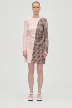 Sg2118 Checkered Jersey, Ruched Waist Short Dresssg-aw25-d157-2118